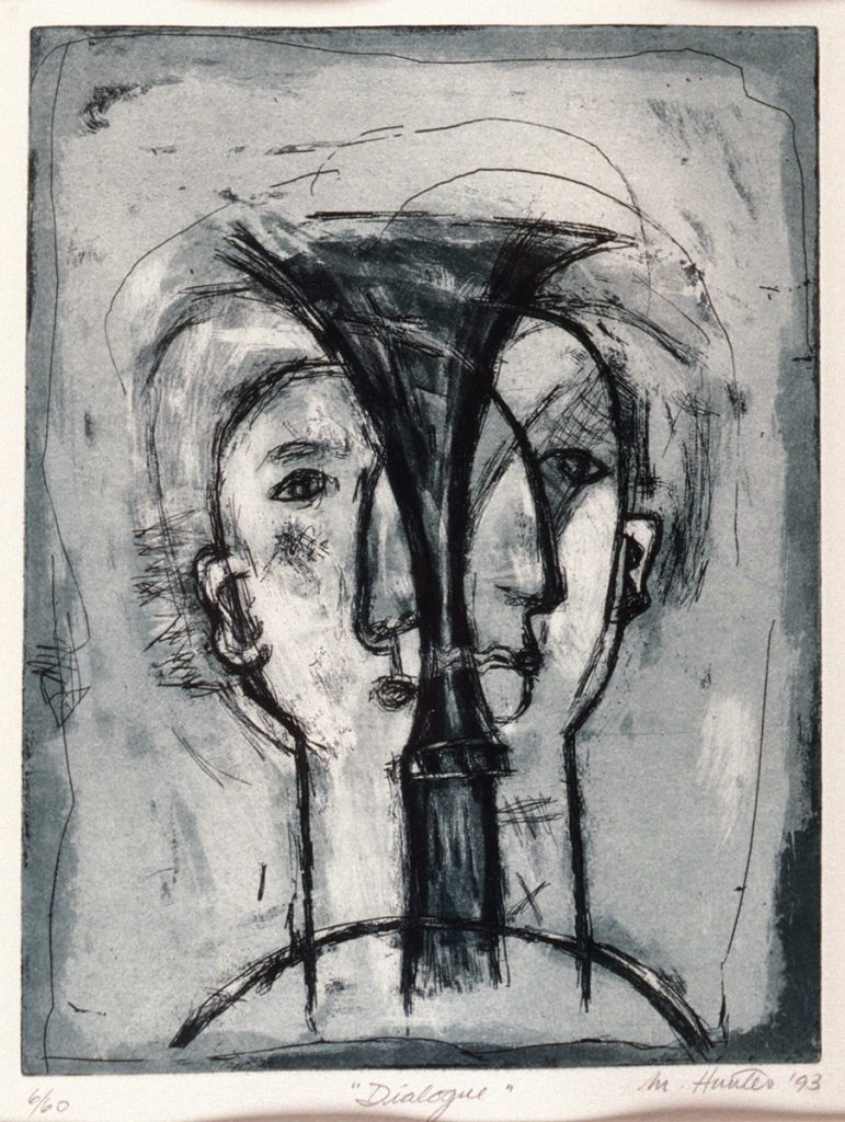 Black and white drawing of a face that is split and two and appears to be a mirror image. The drawing is semi-abstract and uses dark shading.