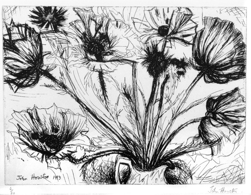 Black and white drawing of a vase filled with poppies.