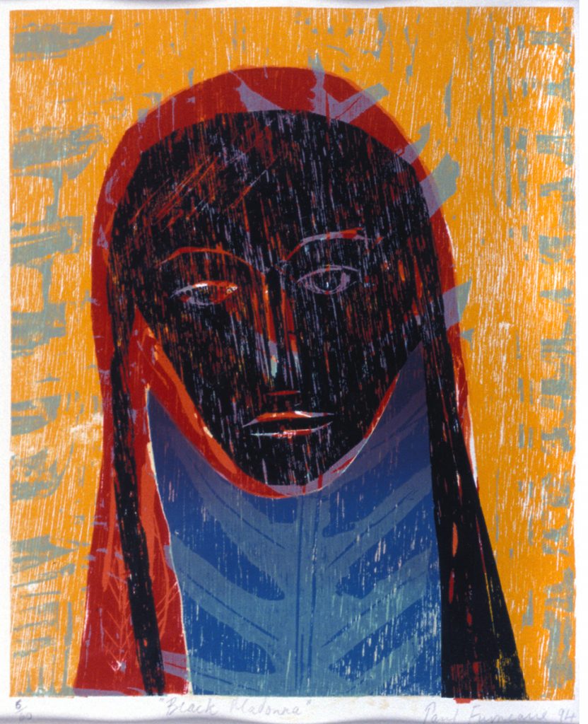 Colourful screen print of a woman (the Black Madonna) on a yellow background. The woman is wearing a red and blue headscarf.