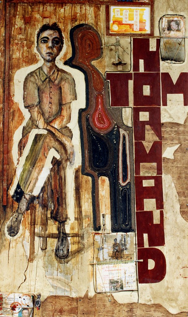 Semi abstract collage of a boy sat on a stool. There are some objects on the floor and the words "Tom Normand" spelled out at the side of the page. The main colours are brown and red.