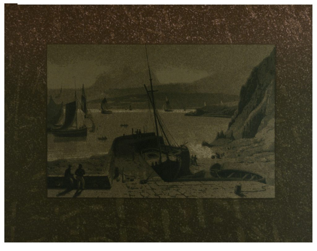 Painting of boats in a harbour at night. The painting is very dark and the colours are muted, to the extent that painting looks almost like a black and white photograph.