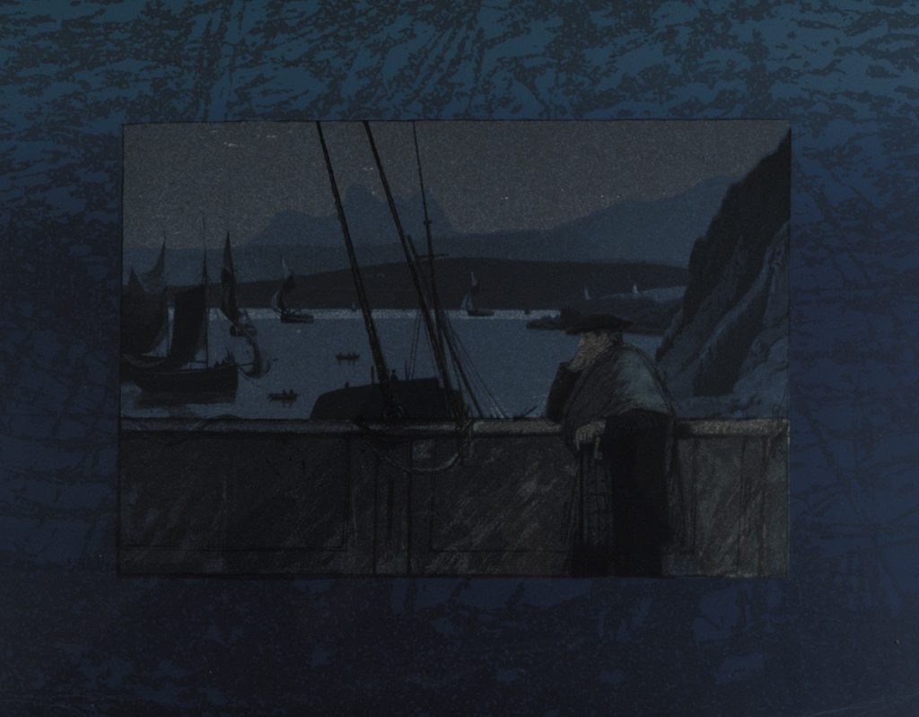 Painting of a man looking out to sea, where there are many boats. It looks as if it is at night and the main colour used is a dark blue.