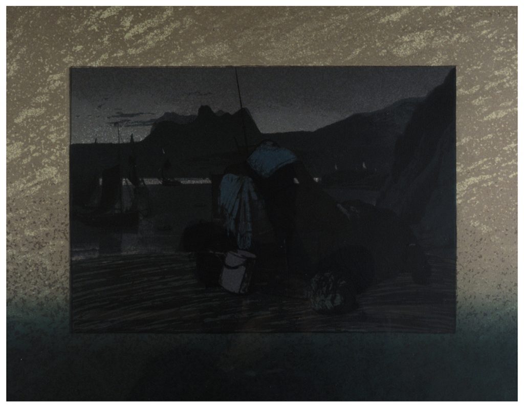 Painting of a canon wheeled onto the harbour. In the background is the sea and there are lots of boats. It is night time and the painting is incredibly dark.