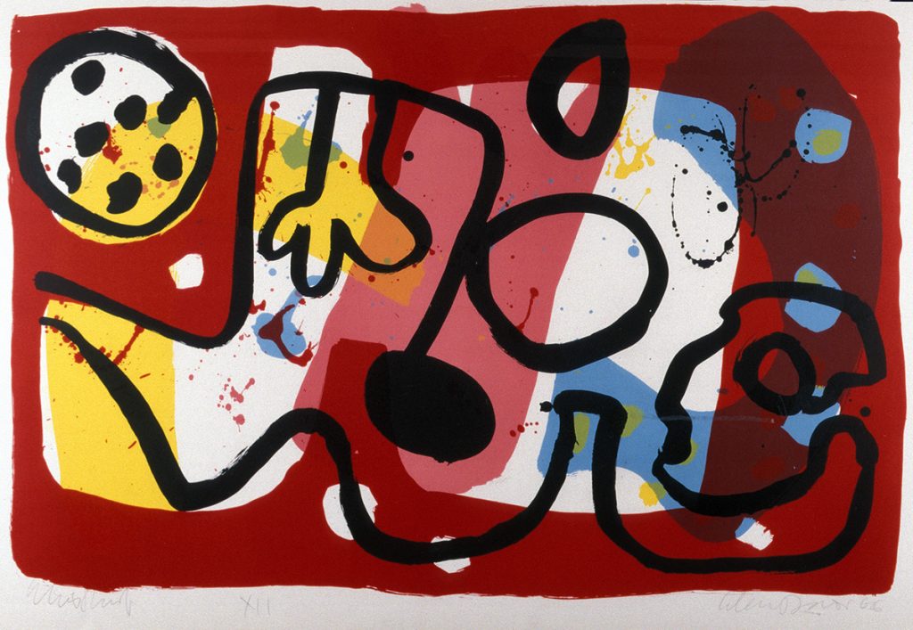 Abstract painting with thick black lines and colourful shapes. The background is red.