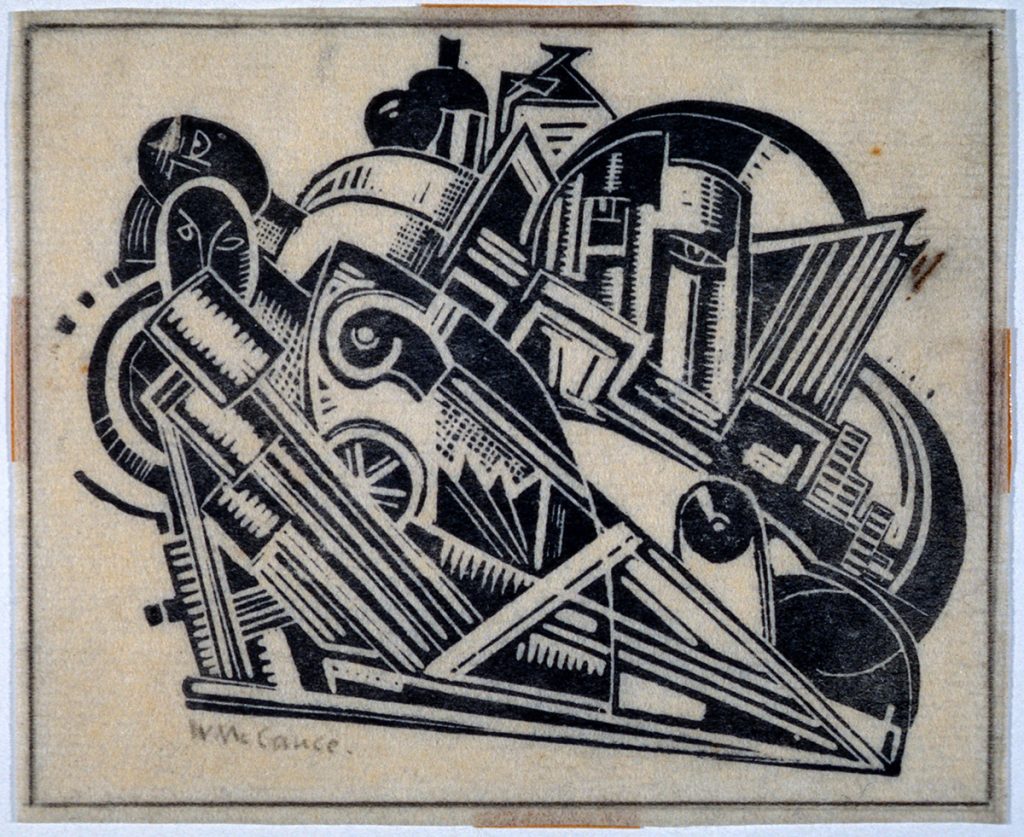 Black and white abstract print of machines in a Cubist style.
