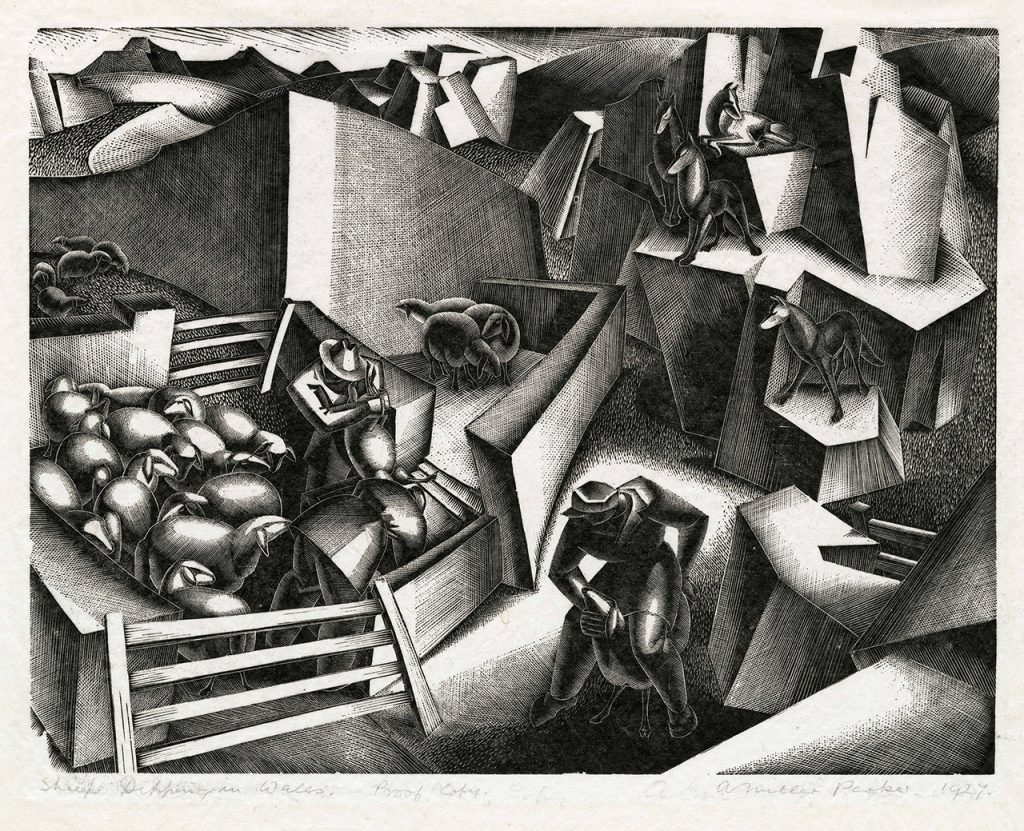 Black and white geometric-style drawing of men sheep shearing. Heavy shading is used