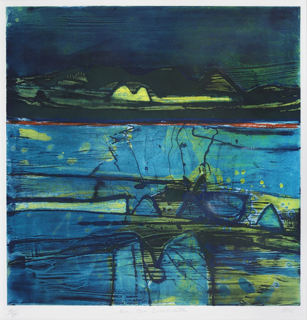 Abstract landscape painting in dark colours with some bright blue and yellow.