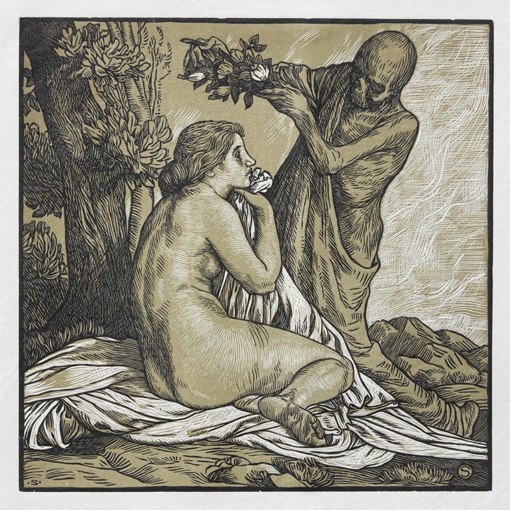 Engraving of a nude woman sat under a tree. Death (represented as a skeletal man) is placing a wreath of flowers on her head.