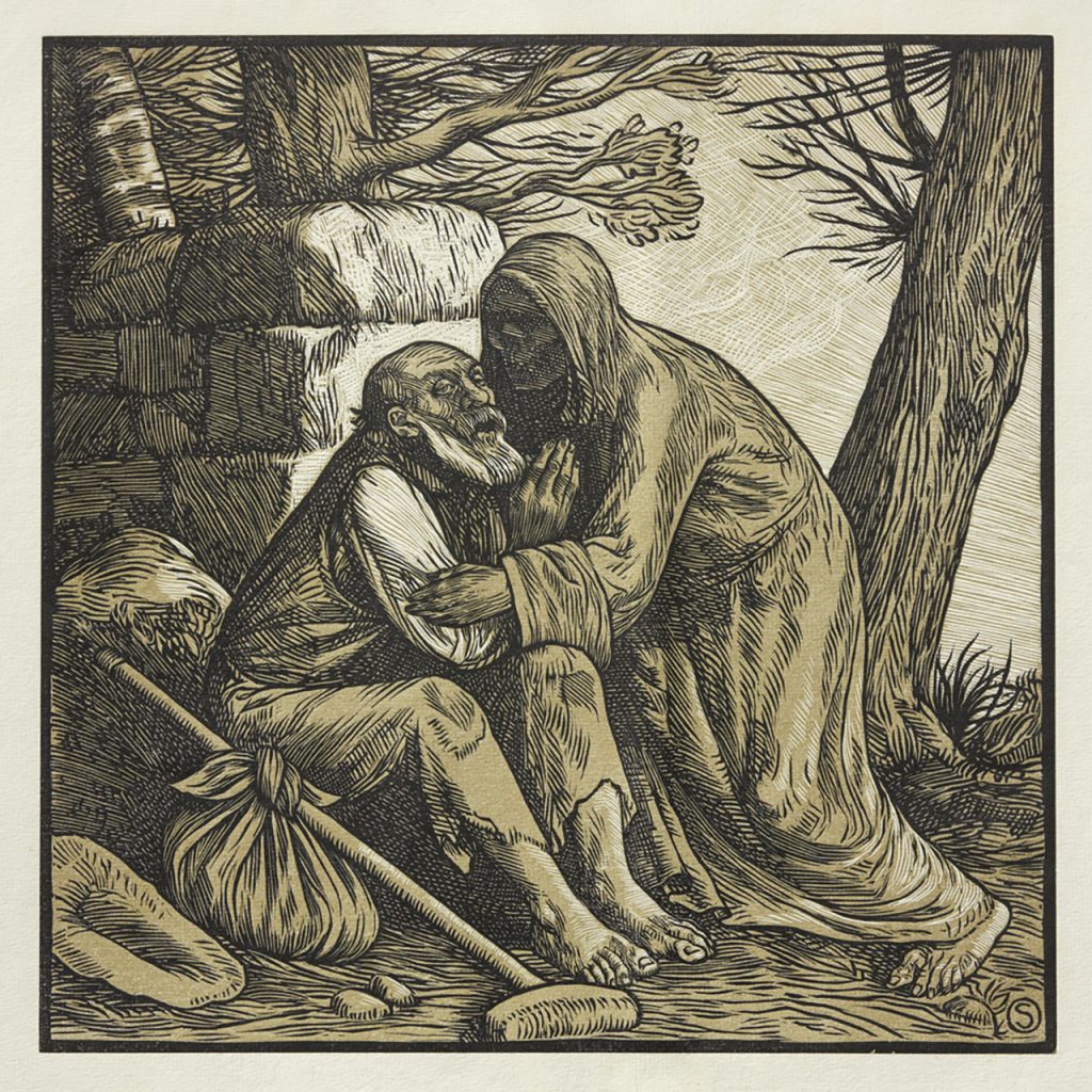 Engraving of an old man being comforted by another man who is hooded in the way death is typically represented in images.