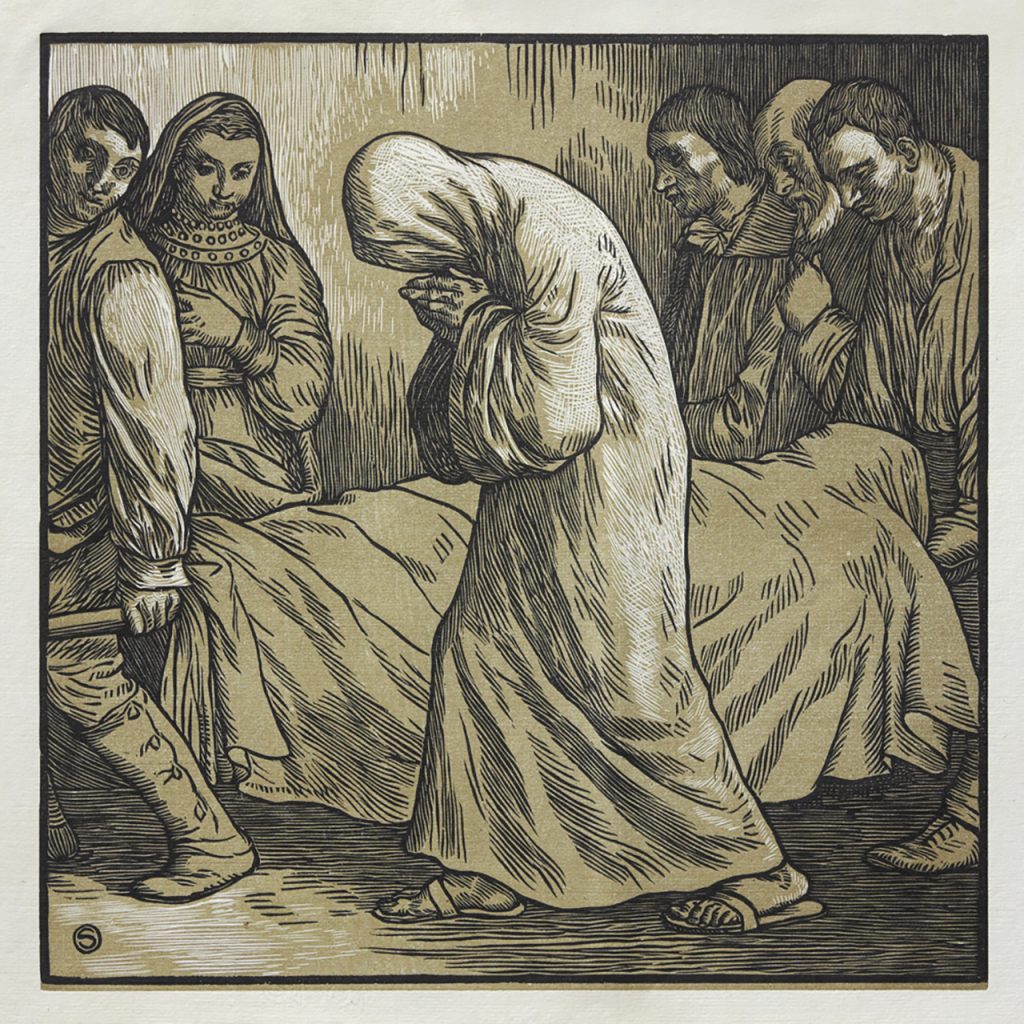 Engraving of six people grieving around a covered dead body. One of the mourners is hooded in a white robes who is Death in disguise.