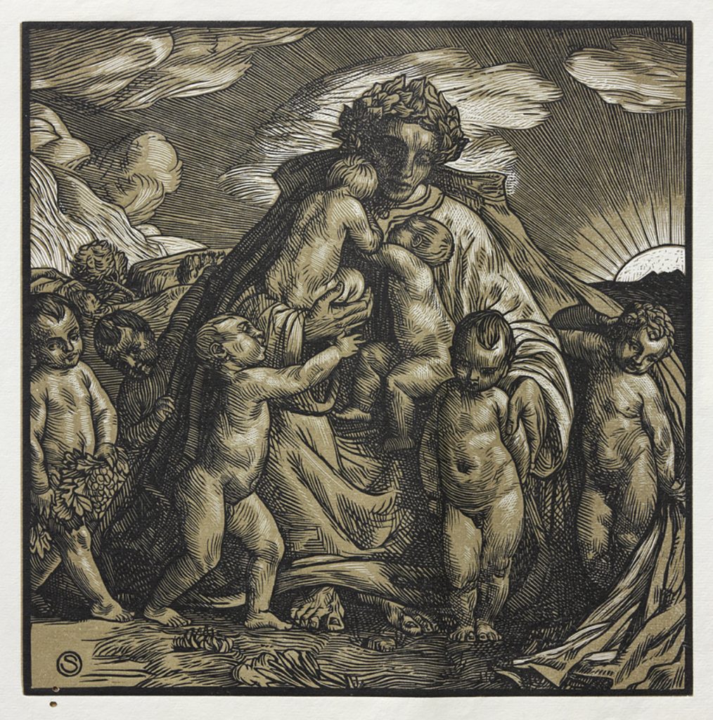 Engraving of death (represented as a skeletal man) holding many children.