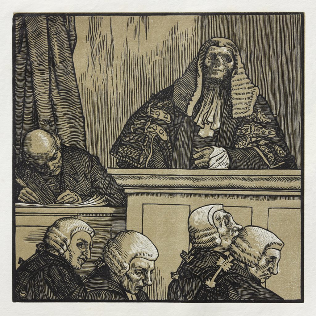 Engraving of death (represented as a skeletal man) in a court room dressed as a judge.