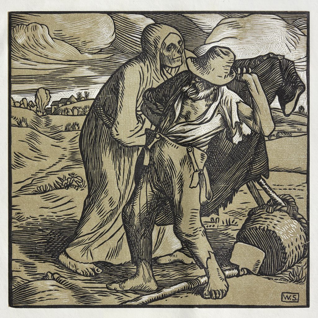 Engraving of death (represented as a skeletal man) grabbing another bearded man.