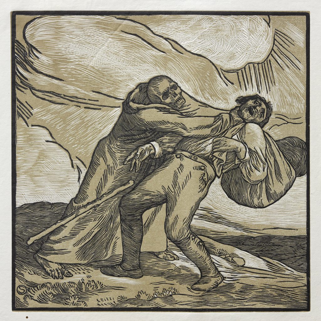 Engraving of death (represented as a skeletal man) strangling a man with a large bag on his back (The Robber).