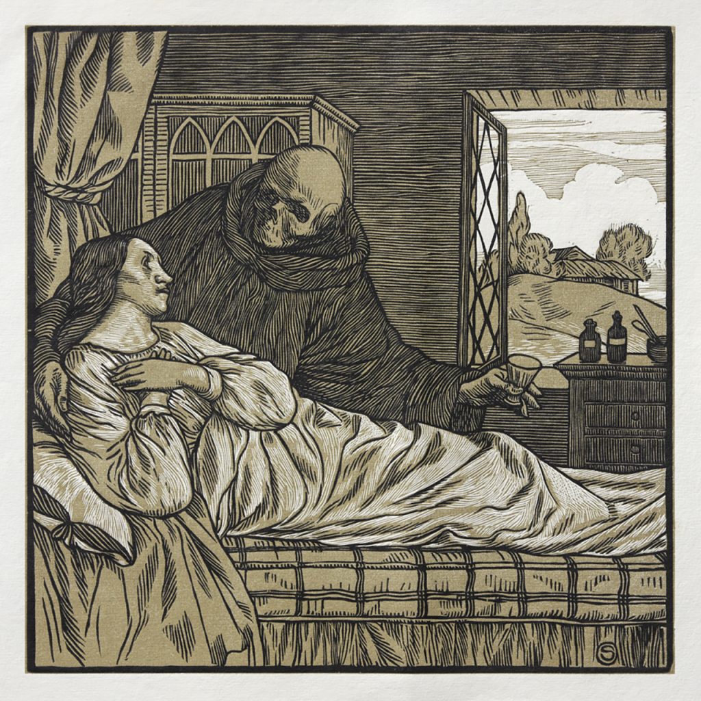 Engraving of a woman in bed, with death (represented as a skeletal man) stood over her.