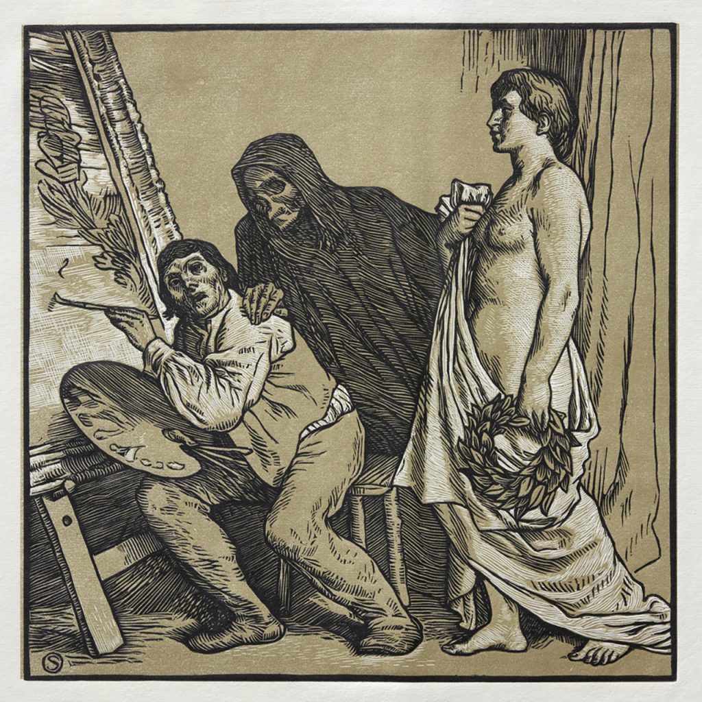 Engraving of an artist painting a nude model. Death (represented as a skeletal man) is over his shoulder watching him paint.