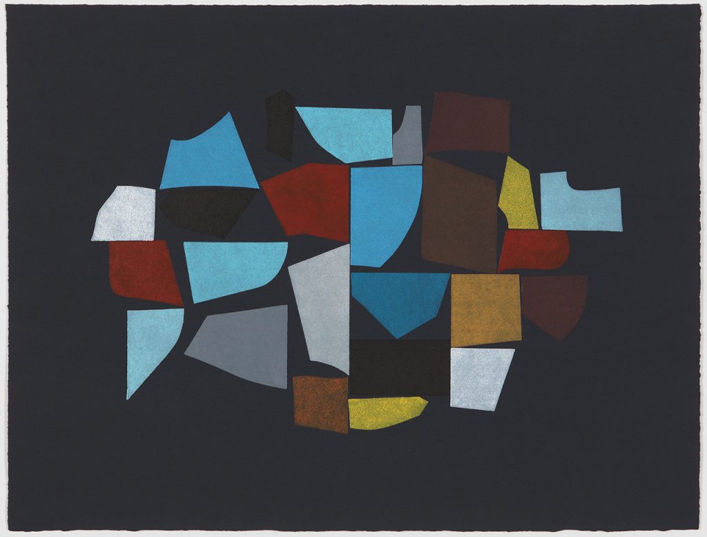 Black Background with multicoloured abstract shapes.