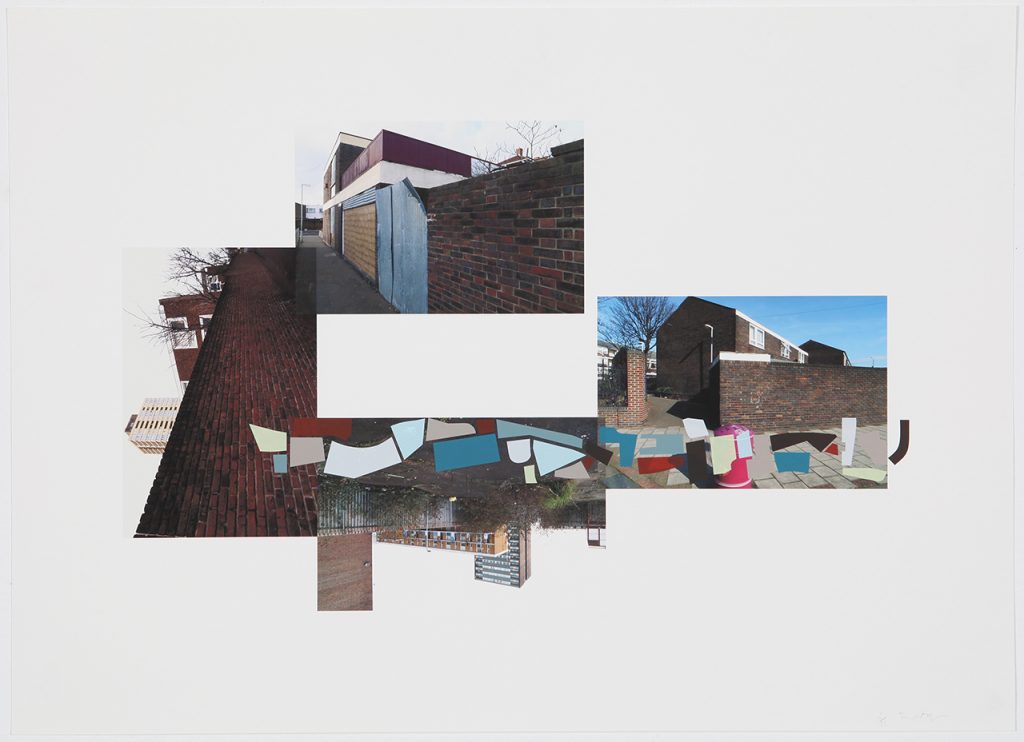 Three photographs of buildings collaged on top of each other in an abstract way.
