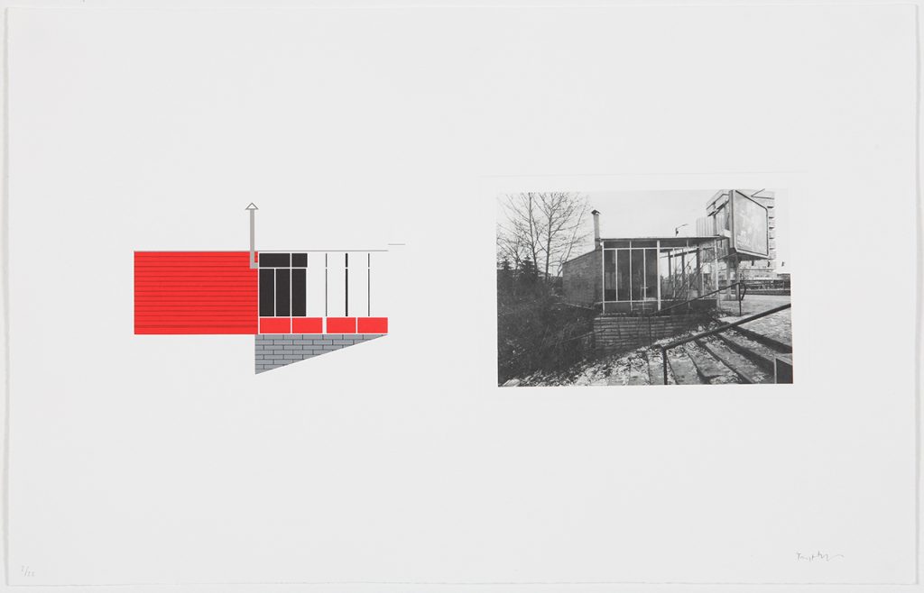 White background. On the left is a small architectural collage in black and red. On the right is a black and white photograph depicting the same building structure.