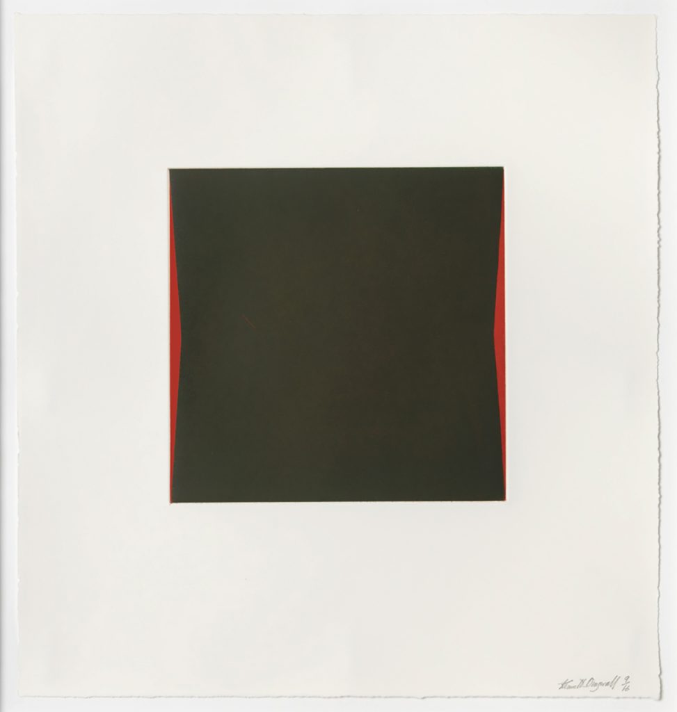 White background. In the centre is a black square with two red geometric lines running down the left and right side.