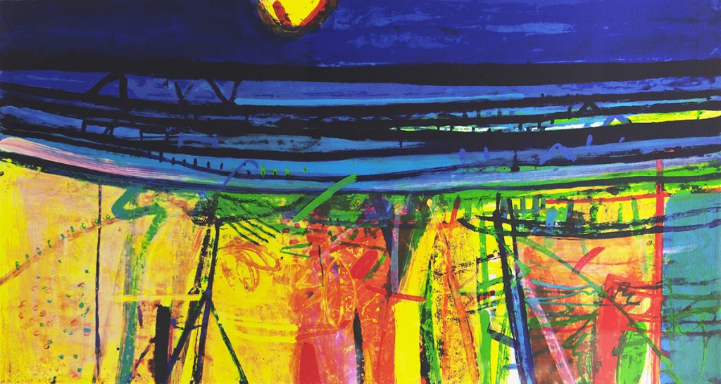Abstract multi-coloured painting of the sea with a fence in the foreground. The main colours are yellows, blues and red.