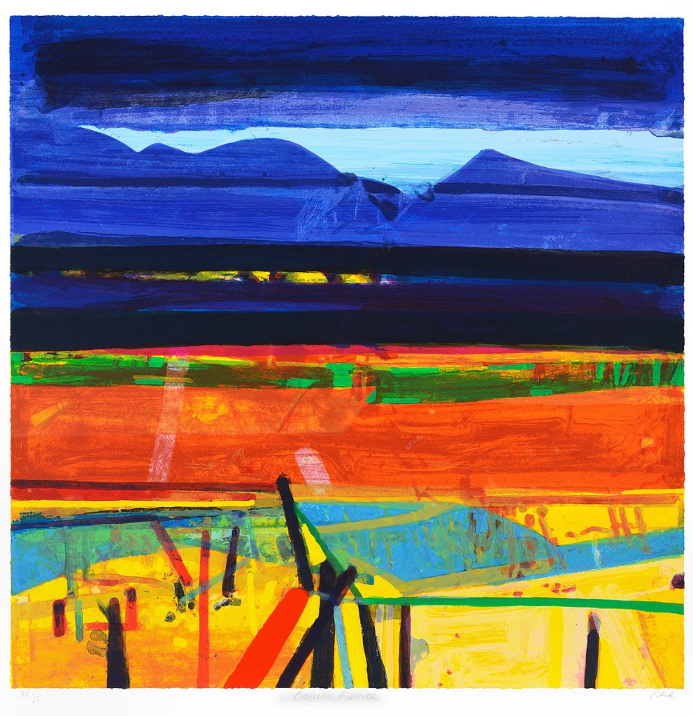 Abstract painting of a landscape in bright colours, mainly blues and oranges.
