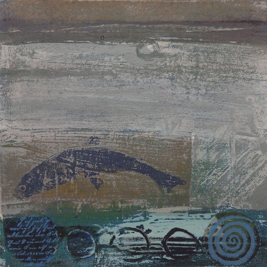 Abstract paining of the sea in greys and muted greens and blues.