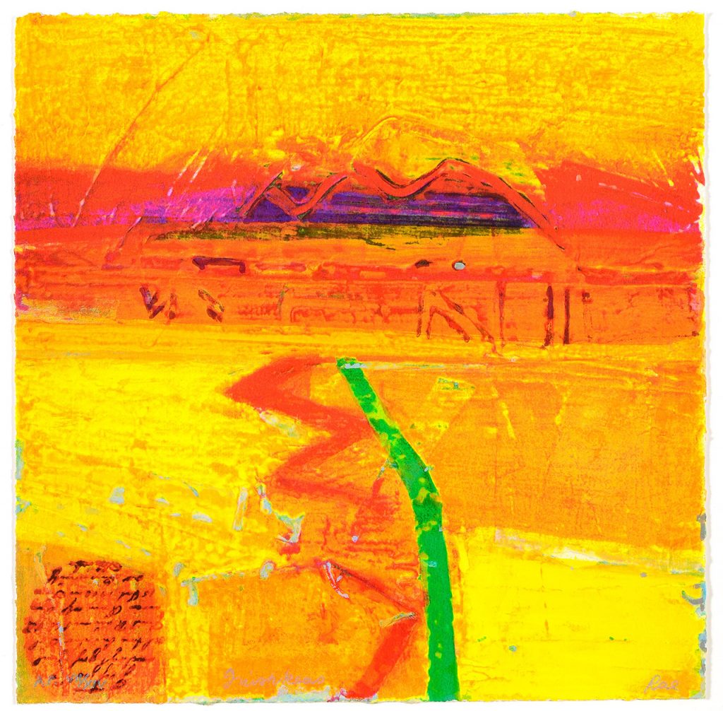 Abstract landscape painting in oranges and yellows.