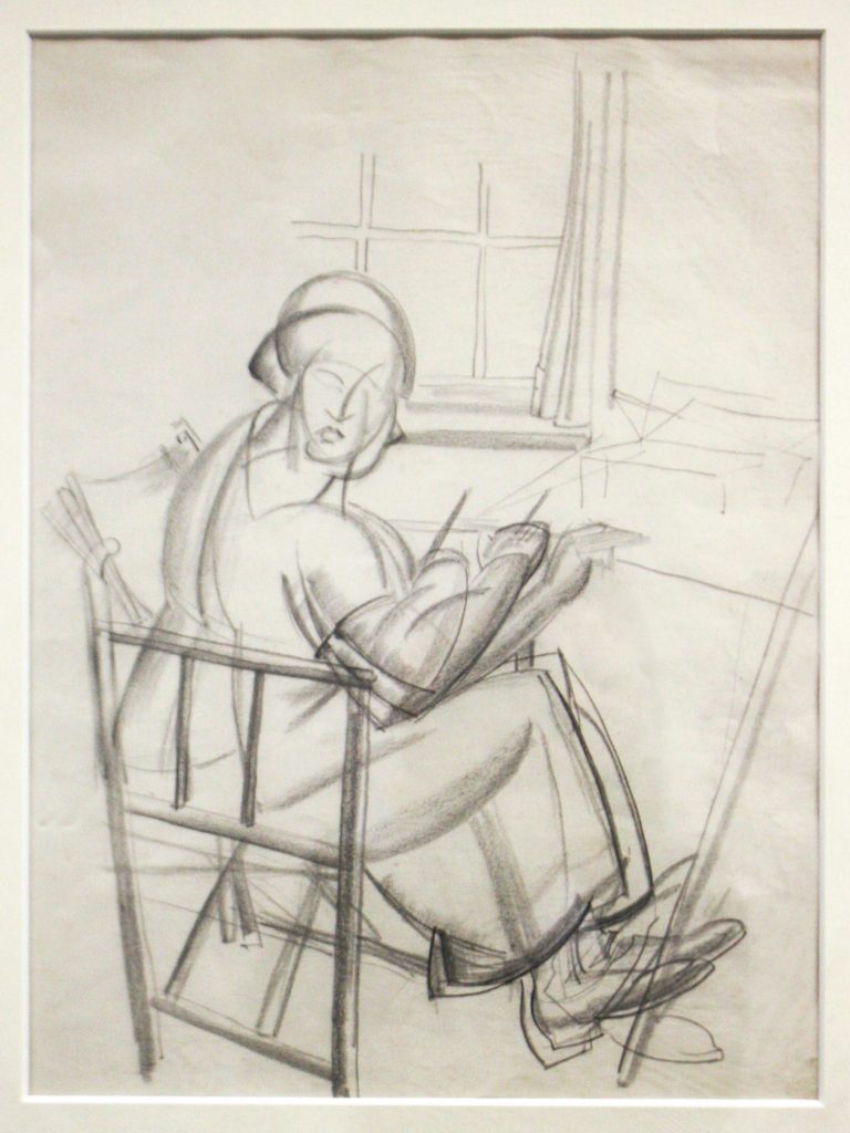 Abstract sketch of a woman sat with an easel. In the background is a window.
