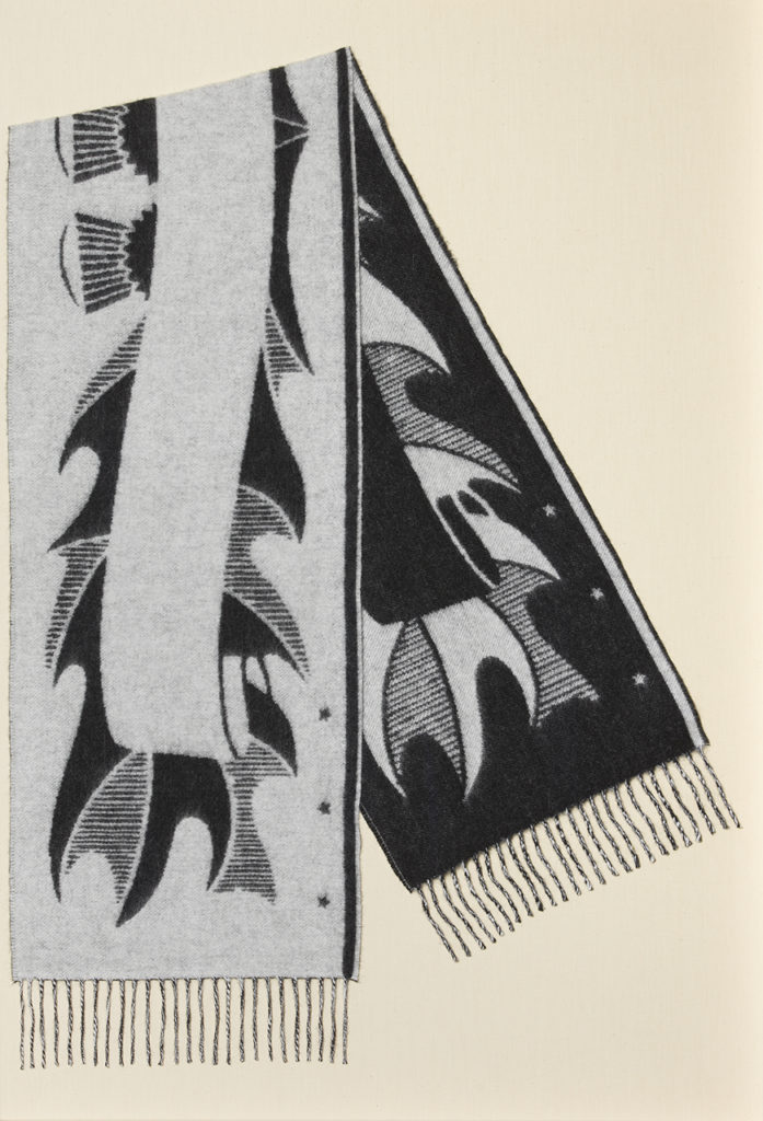 Black and white printed scarf with fringing on the hem