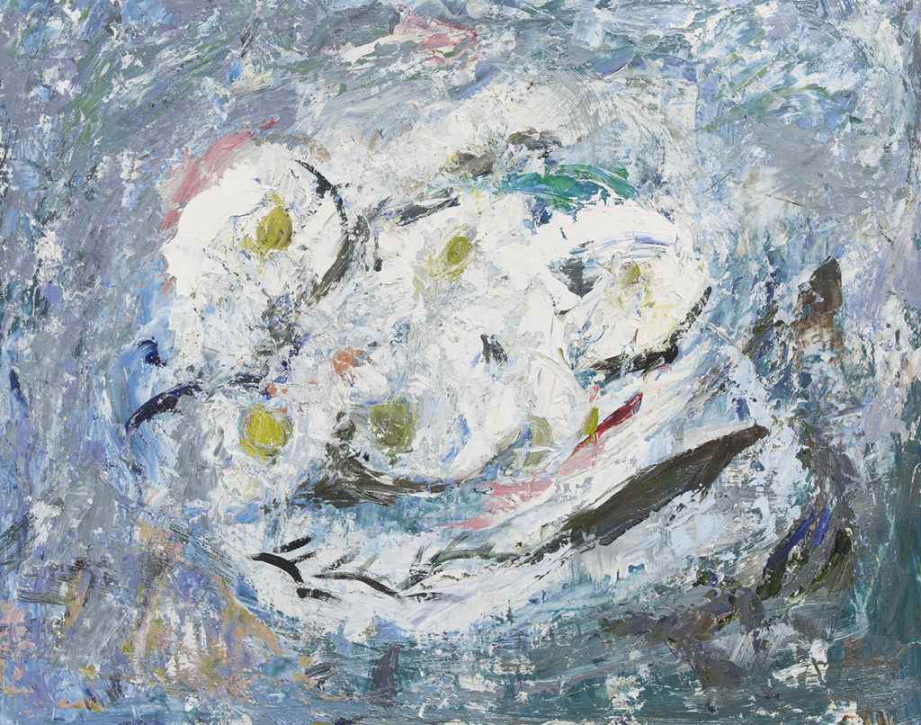Abstract painting of a still life, in blues and whites with some small hints of yellow and pink.