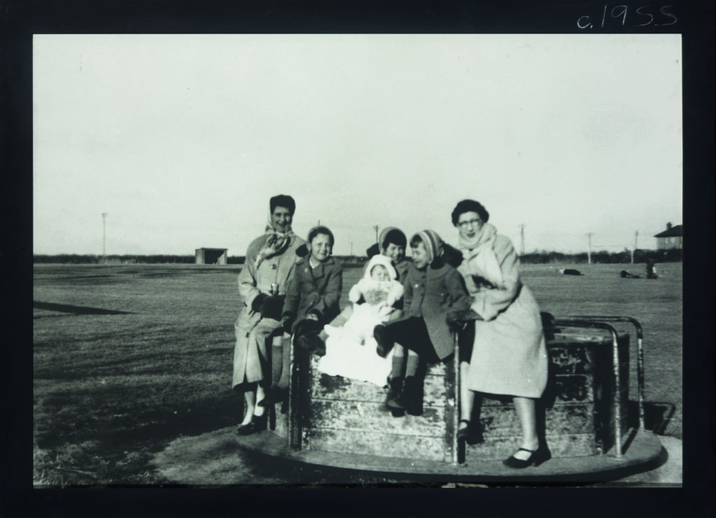 A group photo of two ladies at either end, with three children, and a baby, all sitting on a roundabout.  A backdrop of a large empty field.