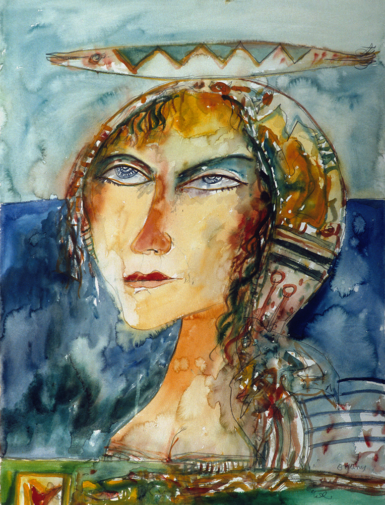 Brightly coloured semi-abstract portrait of a woman with a fish on her head