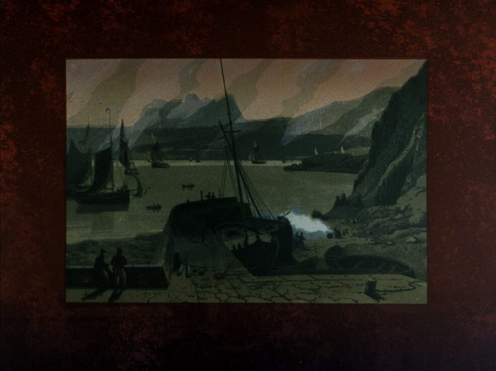 Painting of boats in a harbour at night. The painting is very dark and the colours are muted.