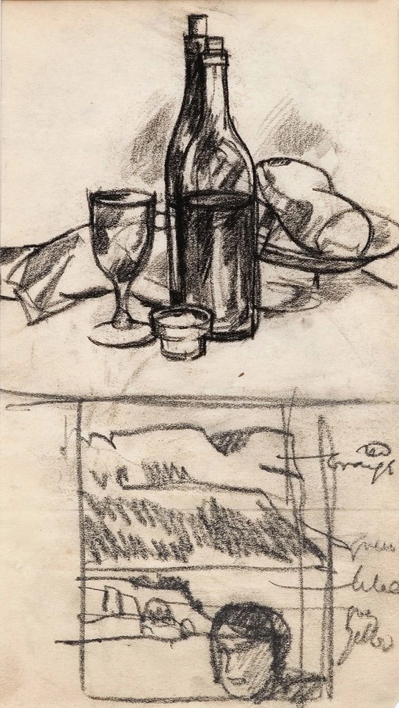 Sketch drawing. In the top half is a still life of some wine and bread. In the bottom half is a face looking out of a window showing mountains.