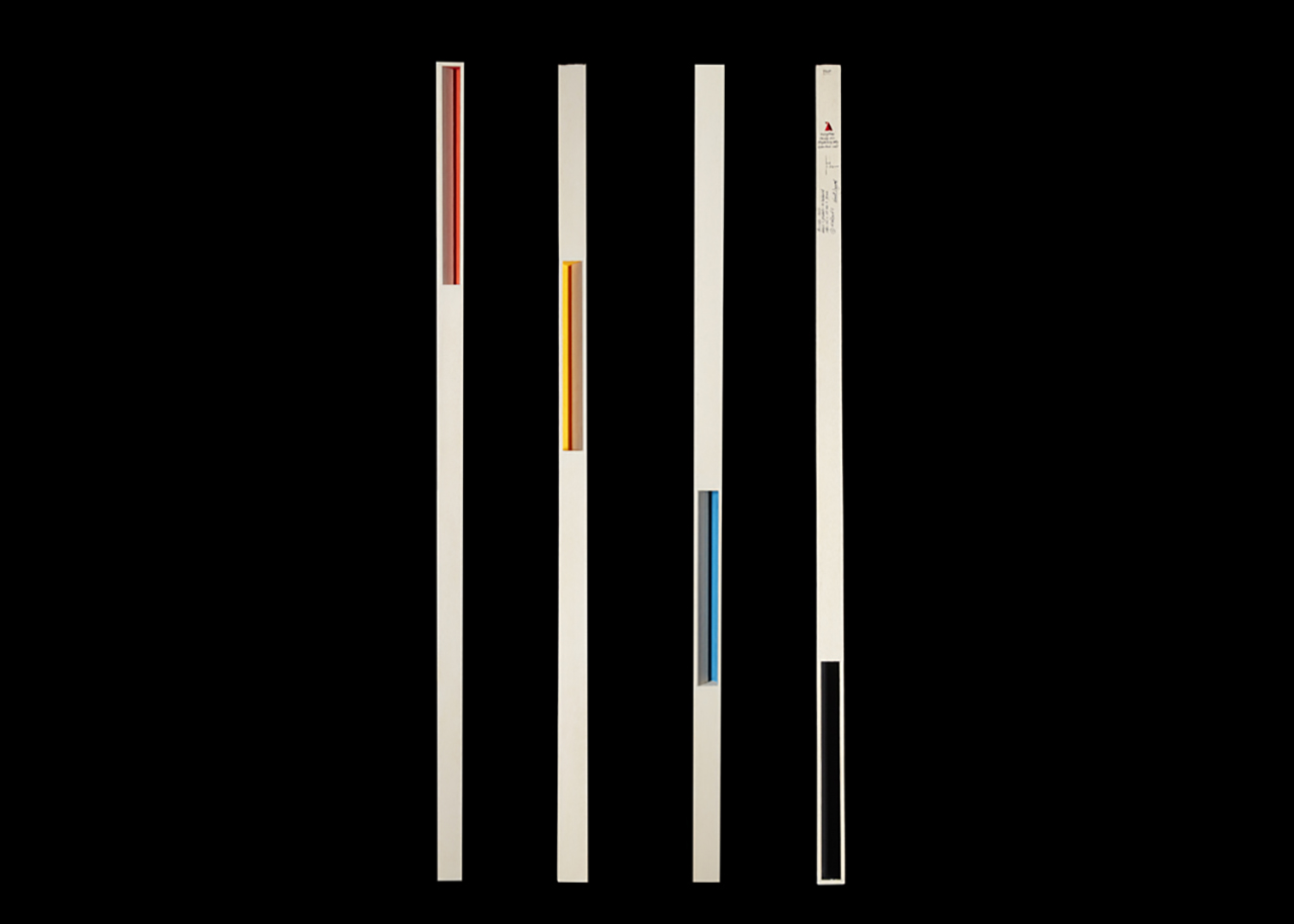 Black background. In the middle, four white lines. In each line is a smaller line made from a colourful gradient – one red, one yellow, one blue and one black