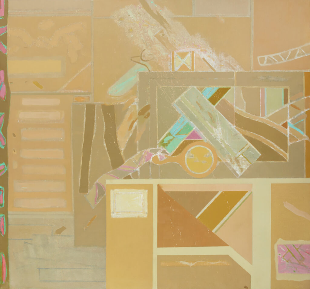 Abstract painting of the inside of a room - the furniture is all made of geometric shapes. The colours used are pastels in beiges, yellows, pinks and blues.