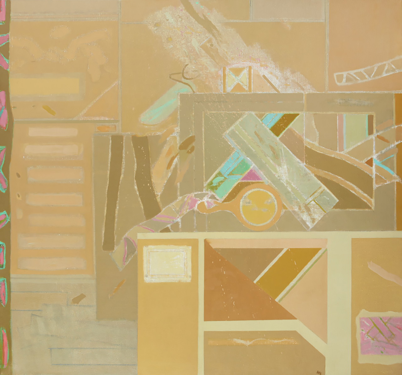 Abstract painting of the inside of a room – the furniture is all made of geometric shapes. The colours used are pastels in beiges, yellows, pinks and blues.