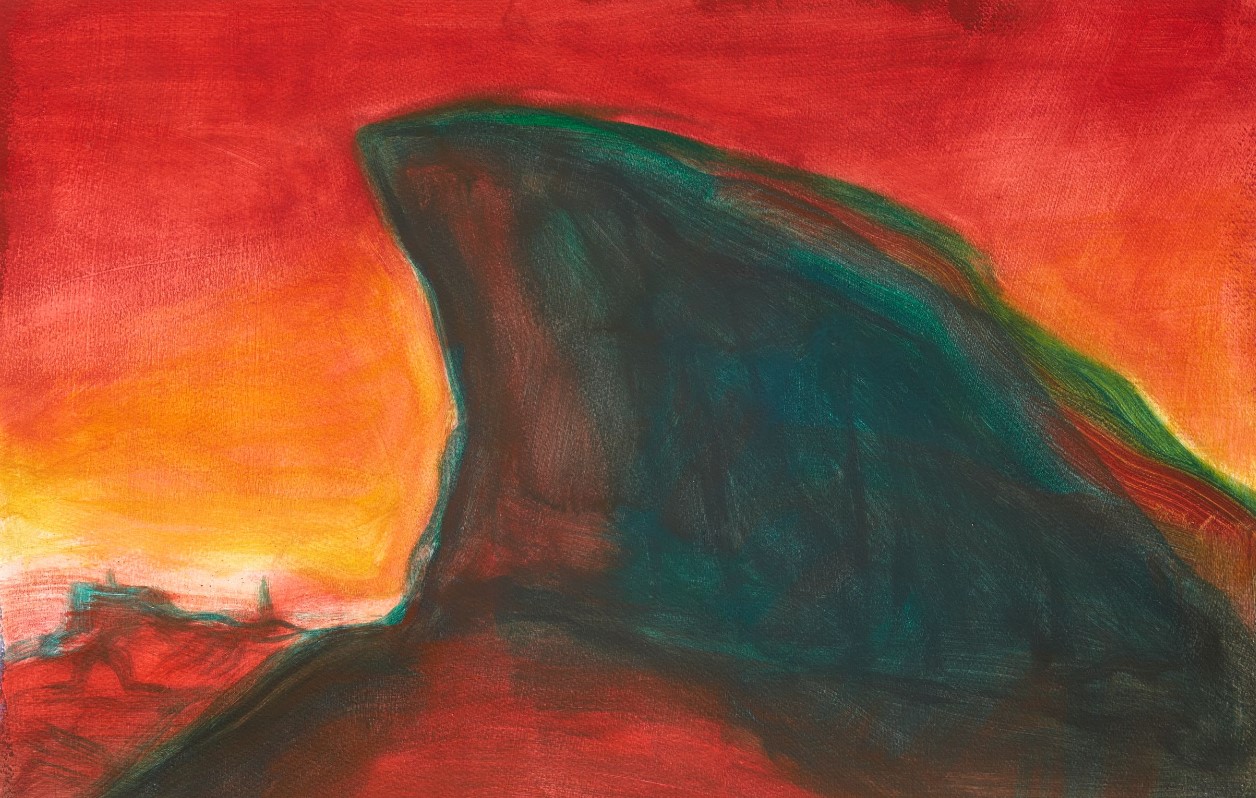 Abstract painting of a large rock with a sunset in the background. The sky is predominantly red.