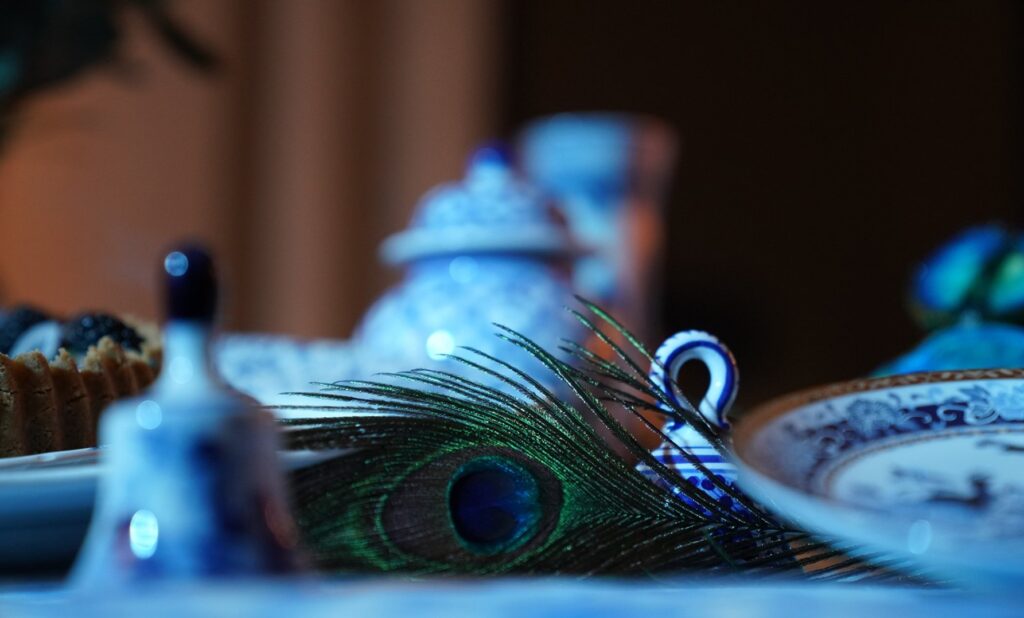 A peackcock feather reset on a table. Porcelain china is shown in and out of focus. 